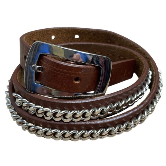 Vintage Garaglias Italian Belt Cognac Brown Genuine Leather Silver Tone Chain 30 - Picture 2 of 12